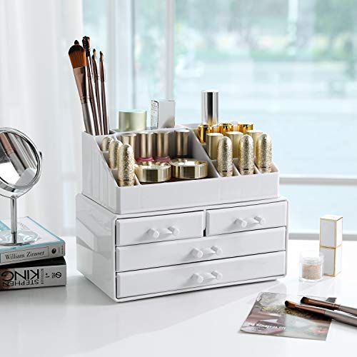 Cosmetics Organiser, Makeup Storage Holder with 4 Drawers and 16 Compartments of Different Sizes, Non-Slip Mats, for Makeup and Jewellery Accessories, White