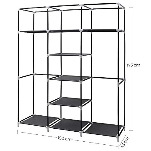 Folding Wardrobe, Fabric Cabinet, Foldable Coat Rack with 2 Clothes Rails, 175 x 150 x 45 cm, Black, Canvas