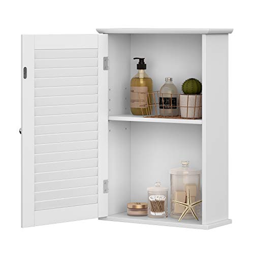 Wall Cabinet, Hanging Bathroom Storage Cabinet, Medicine Cupboard with Adjustable Shelf and Shutter Door, 40 x 16 x 60 cm, Wooden, White