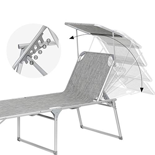 Sun Lounger, Sunbed, Large Reclining Sun Chair, 65 x 200 x 48 cm, Load Capacity 150 kg, with Reclining Backrest, Sunshade, Foldable, for Garden, Balcony, Terrace, Mottled Grey