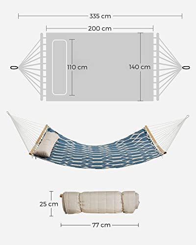 Hammock, Quilted Fabric Hammock with Detachable Curved Bamboo Spreaders, Pillow, 200 x 140 cm, Load Capacity 225 kg, Blue and Beige Rhombus