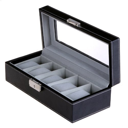 Watch Box with 5 Compartments, Glass Lid, Watch Box with Soft Velvet Lining, Display and Storage of Watches, with Lock and Keys