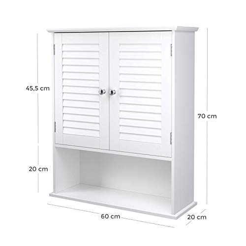 Wall Cabinet, Hanging Bathroom Storage Cabinet, Medicine Cupboard with Adjustable Shelf, Double Shutter Doors and Open Shelf, 60 x 20 x 70 cm, Wooden, White