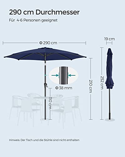 290 cm Garden Parasol Umbrella, UPF 50+, Sun Shade, 30° Tilt in 2 Directions, Crank Handle for Opening and Closing, for Outdoor Gardens Pool Balcony Patio, Base Not Included, Blue