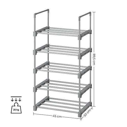 5-Tier Shoe Rack, Metal Shoe Storage Organiser, Stackable Storage Rack, Space-Saving, Freestanding Shelf, for Hallway, Bedroom, Living Room, Grey