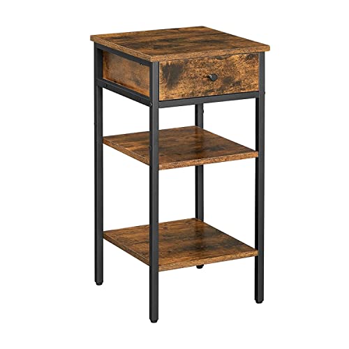 Nightstand, End Table, Tall Bedside Table with a Drawer and 2 Storage Shelves, Space Saving, Industrial Accent Table, Rustic Brown and Black