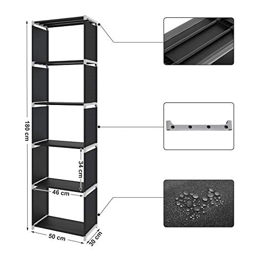 Storage Shelf, 5-Tier Bookcase, Garment Organiser, Each Shelf Holds 5 kg, 50 x 30 x 180 cm, for Living Room, Bedroom, Closet, Black