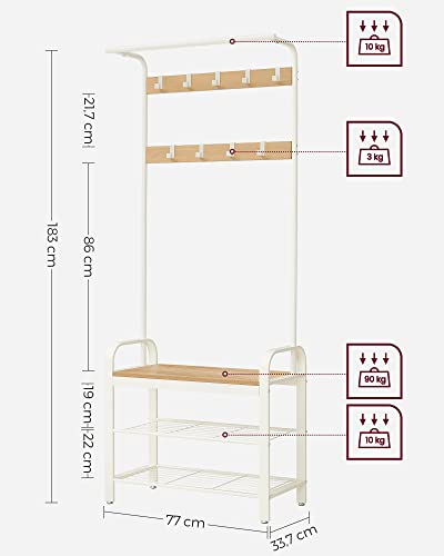 Coat Rack, Coat Stand with Shoe Storage Bench, 4-in-1 Design, with 9 Removable Hooks, a Clothes Rail, for Hallway, Entrance, 33.7 x 77 x 183 cm, Modern, Oak and Cream