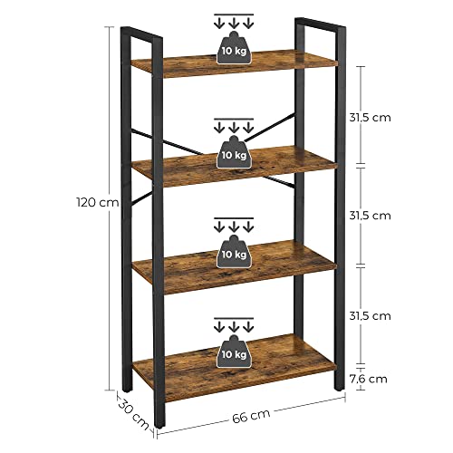 4-Tier Bookshelf, Storage Rack with Steel Frame, 120 cm High, for Living Room, Office, Study, Hallway, Industrial Style, Rustic Brown and Black