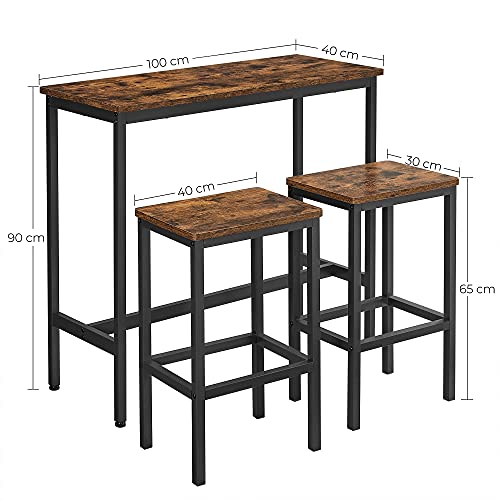 Dining Table Set, Bar Table and Stools Set, Breakfast Bar Table with Bar Stools Set of 2, Industrial Steel Frame, Rustic Brown and Black