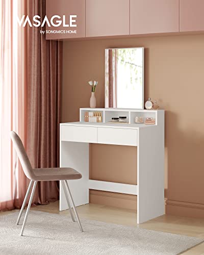 Dressing Table with Large Rectangular Mirror, Makeup Table with 2 Drawers and 3 Open Compartments, Vanity Table, Modern Style, White