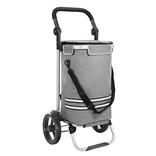 Shopping Trolley, Foldable Shopping Cart, Solid, with Insulated Cooling Bag, Large Capacity 35L, Multifunctional Luggage Cart with Wheels, Detachable Backpack, Grey