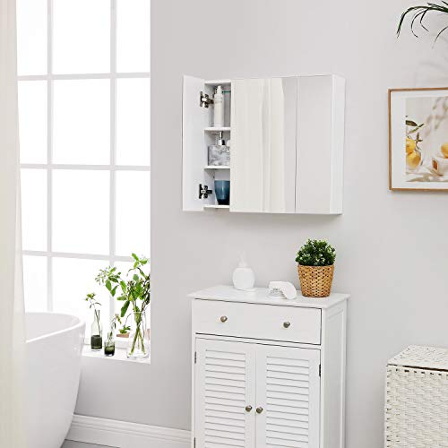 Bathroom Wall Cabinet, Cupboard with Mirror, 3-Door Storage Cabinet, 60 x 15 x 55 cm, with Adjustable Shelf, Modern, White