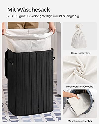 Bamboo Laundry Basket, 72L Foldable Laundry Hamper, Rectangular Storage Hamper with 3 Handles, 40 x 30 x 60 cm, Black