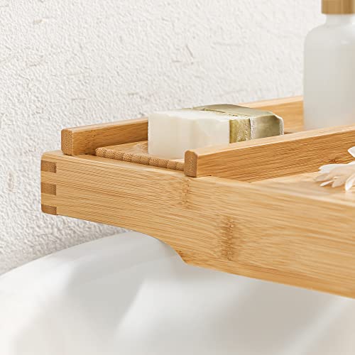 Extendable Bamboo Bath Shelf with Drink, Bookend, Soap Holder 75-109 x 4.5 x 23 cm (W x H x D), Natural, (75-109) x4,5x23cm