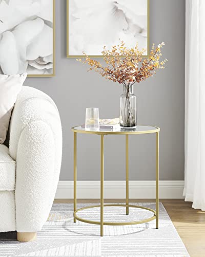 Round Side Table, Tempered Glass End Table With Golden Metal Frame, Small Coffee Table, Bedside Table, Living Room, Balcony, Robust and Stable, Decorative, Gold