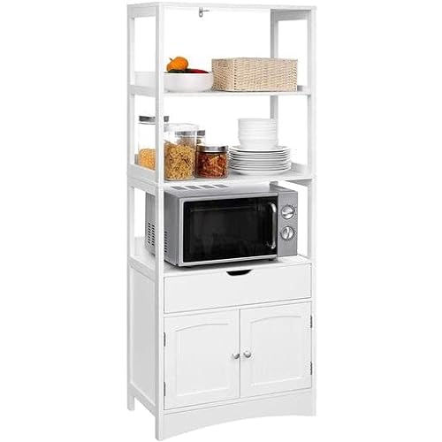 Bathroom Storage Cabinet, Tall Cabinet, Free Standing Bookshelf, with 3 Open Shelves, 1 Drawer and 1 Cupboard, 60 x 32.5 x 154 cm, for Entryway, Kitchen, Study Room, White