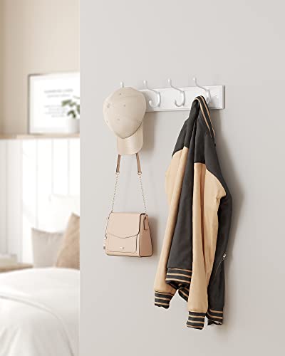 Wall-Mounted Coat Rack with 4 Metal Hooks, Wooden Wall Hook Rack for Bedroom, Entryway, Bathroom, White