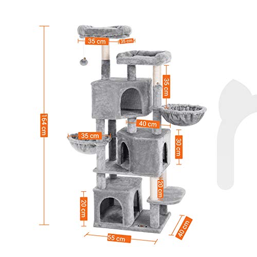 Large Cat Tree with 3 Cat Caves, 164 cm Cat Tower, Light Grey