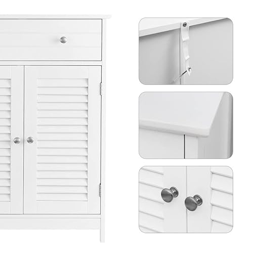 Bathroom Floor Cabinet, Storage Organiser Unit, 60 x 30 x 80 cm, Cupboard with 2 Louvred Doors, Drawer, Adjustable Shelf, Scandinavian Nordic Style, Matte White