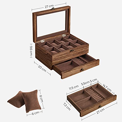 Watch Box with 8 Slots, 2-Tier Wood Watch Case with Large Glass Lid, Watch Pillows, Velvet Lining, Jewellery Box, Gift for Loved Ones, Rustic Walnut