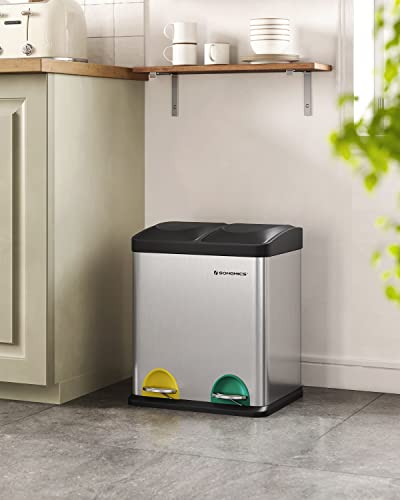 Recycle Bin, 30-Litre Waste Separation System, 2 x 15L Rubbish Bin, with Inner Buckets, Colour-Coded Pedals, for Kitchen, Living Room, Silver and Black