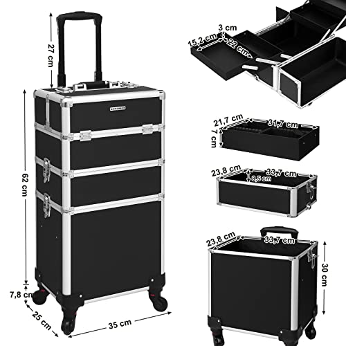 Professional Makeup Case, 3-in-1 Travelling Beauty Trolley, Large Cosmetic Trolley for Hairdressers, Lockable Rolling Makeup Case with 360-Degree Universal Casters, Black