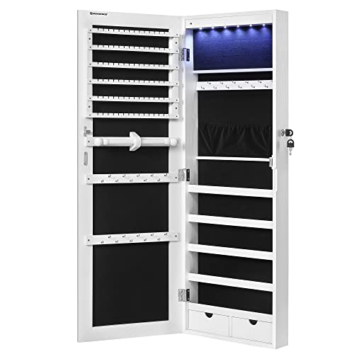 Frameless Mirrored Jewellery Cabinet Armoire, 6 LEDs Jewellery Organiser Wall Hanging or Door Mounted, Large Capacity with 2 Drawers, White