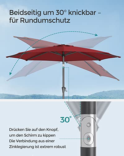 290 cm Garden Parasol Umbrella, UPF 50+, Sun Shade, 30° Tilt in 2 Directions, Crank Handle for Opening and Closing, for Outdoor Gardens Pool Balcony Patio, Base Not Included, Red