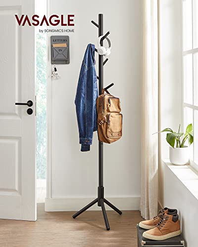 Standing Coat Rack, Solid Wood Coat Rack, Tree-Shaped Coat Rack with 8 Hooks, 3 Height Options, for Clothes, Hats, Bags, for Living Room, Bedroom, Home Office, Black