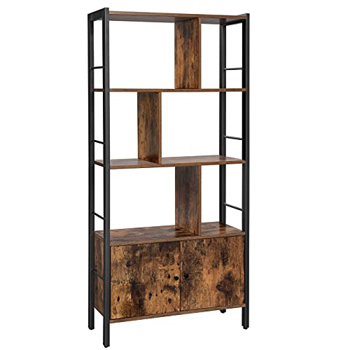 Bookshelf, Storage Shelf, Large Bookcase with Doors, 4 Shelves, Stable Steel Structure, Industrial Style, for Living Room, Office, Rustic Brown and Black