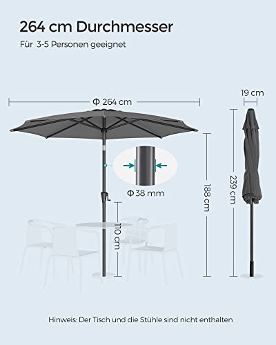 264 cm Garden Parasol Umbrella, UPF 50+, Sun Shade, 30° Tilt in 2 Directions, Crank Handle for Opening and Closing, for Outdoor Gardens Pool Balcony Patio, Base Not Included, Grey