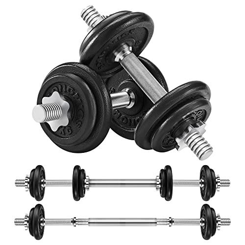 2-in-1 Dumbbells Set, 2 x 10 kg Cast Iron Adjustable Weights, with Extra Steel Barbell Bar, Fitness Training, Weight Lifting, at Home Gym, Black