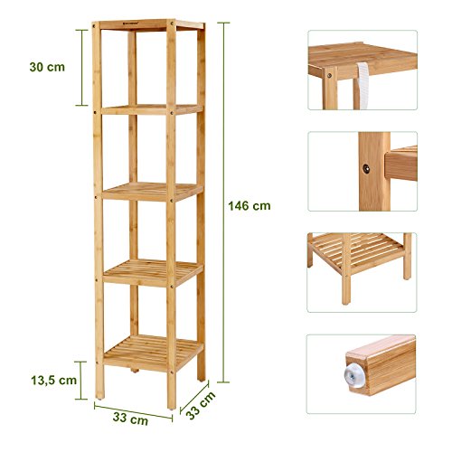 5-Tier Bamboo Bathroom Shelf, Standing Kitchen Rack, 33 x 33 x 146 cm(L x W x H), for Narrow Spaces, Living Room, Bedroom, Hallway