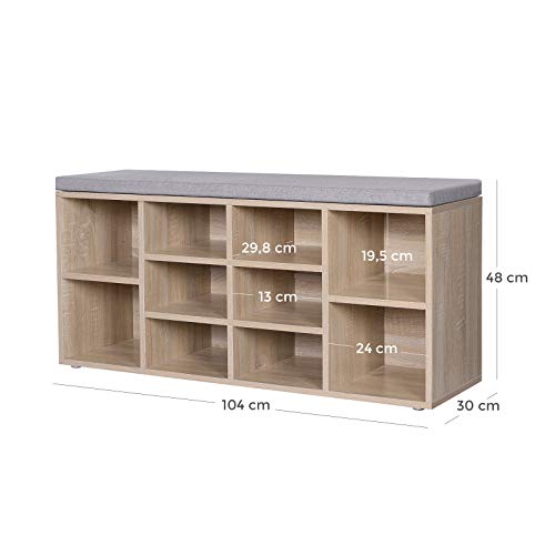 Shoe Bench, Shoe Shelf, Storage Cabinet, 10 Compartments, with Cushion, for Entryway, 104 x 30 x 48 cm, Oak Colour