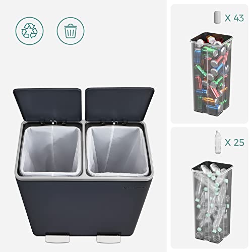 Double Rubbish Bin, 2 x 30 L Dual Compartment Kitchen Bin with 15 Rubbish Bags, Metal Pedal Bin with Plastic Inner Buckets and Lids, Soft Close, Odour Seal, Smoky Grey