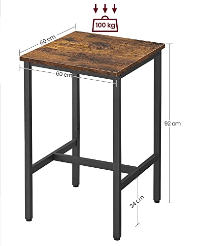 Breakfast Bar, Square Tall Bar Table, Heavy-Duty Steel Frame, 60 x 60 x 90 cm, Easy Assembly, for Kitchen Living Room, Industrial Style, Rustic Brown and Black