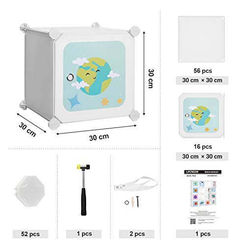 15-Cube Children’s Storage Unit, Interlocking Organiser Cabinet for Kids, Plastic Cube Shelves, Modular Wardrobe with Doors, Clothes Shoes Toys School Bags, 153 x 31 x 153 cm White