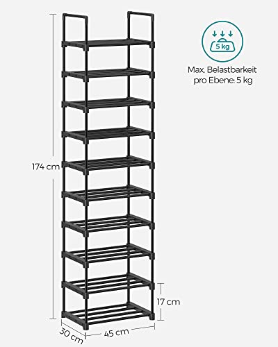 Shoe Rack, 10-Tier Metal Shoe Storage Organiser, Customisable Design, Metal Frame, Space-Saving Rack, for Dressing Room, Hallway, 30 x 45 x 174 cm, Black