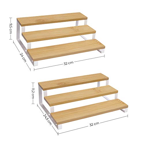 Spice Rack, Set of 2 Cabinet Shelf Organisers, 3-Tier Extendable Spice Holder, Bamboo, Stackable, for Pantry, Cupboard, Countertop, Natural and White