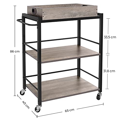 Kitchen Trolley with Removable Tray, Serving Cart Trolley, Universal Castors with Brakes, Levelling Feet, Steel Structure, Kitchen Shelf, 65 x 40 x 86 cm, Greige and Black