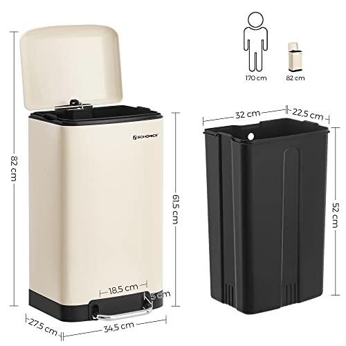 Rubbish Bin, 30 L Kitchen Bin, Steel Pedal Bin with Inner Bucket and Lid, Soft Closure, Odour Seal for Kitchen, Living Room, Cloud White