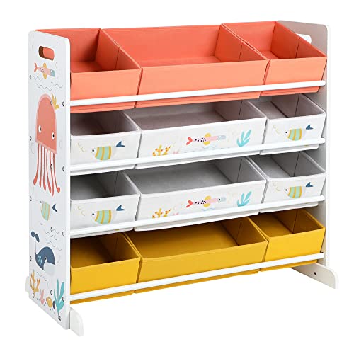 Toy Organiser, Storage Shelf with 12 Non-Woven Fabric Boxes, for Games, Books, Children’s Toy Shelf, in Playroom, Children’s Room, Multipurpose, White