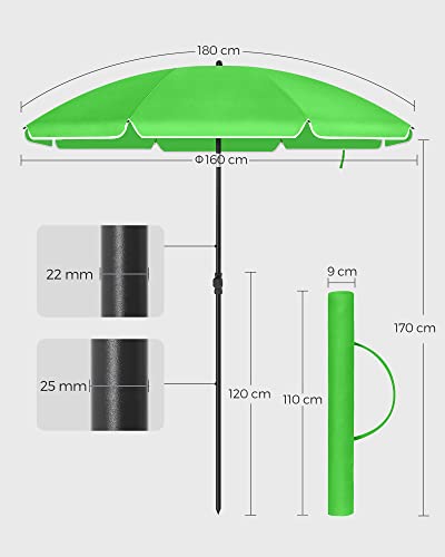 1.6 m Parasol, Beach Umbrella, UPF 50+, Sun Protection, Portable Octagonal Polyester Canopy, Fibreglass Ribs, Tilt Mechanism, Carry Bag, for Beach Garden Balcony Pool, Green