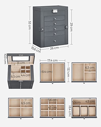 Large Jewellery Box, 6-Tier Jewellery Case with Side Wings, Drawers, Mirror and Clasp, for Bracelets Earrings Rings Necklaces Watches, Gift Idea, Grey