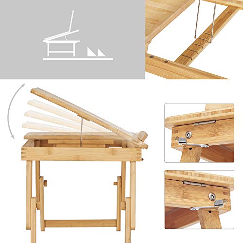 Bamboo Lap Desk, Laptop Table, Breakfast Tray with 5 Adjustable Tilting Angles, Small Drawer, Natural