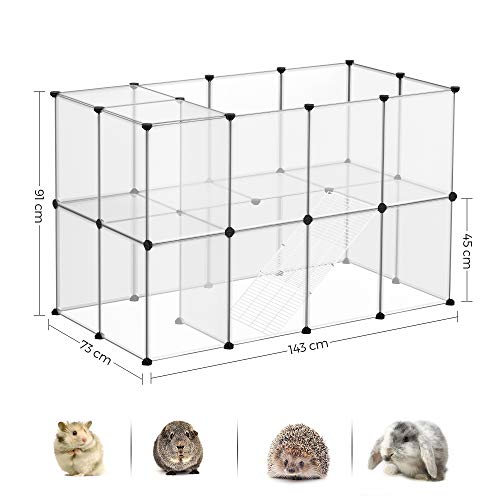 Guinea Pig Playpen, C and C Cage with Stairs, 143 x 73 x 91 cm, Pet Exercise Run, DIY Plastic Fence Cage for Hamsters, Rabbits, Small Pets, Transparent