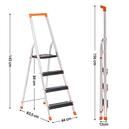 Step Ladder 4 Steps, Aluminium Ladder with 12 cm Wide Steps, Folding Ladder with Tool Tray and Anti-Slip Feet, Max. Static Load 150 kg, TÜV Rheinland Test, GS EN131, Black