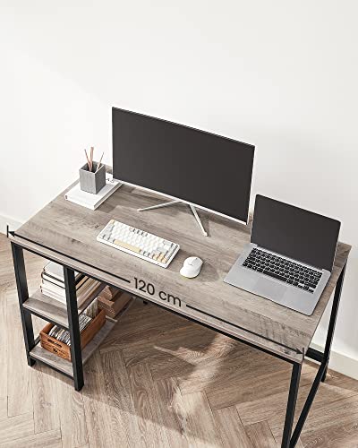 Computer Desk, Writing Desk with 2 Shelves on Left or Right, Work Table for Office Living Room, Steel Frame, Industrial, Greige and Black