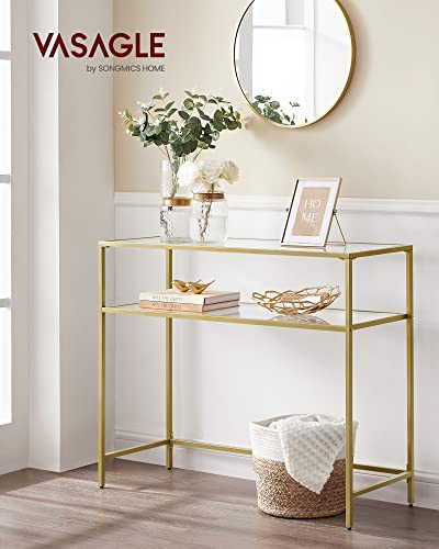 Console Table, Tempered Glass Table, Modern Sofa or Entryway Table, Metal Frame, 2 Shelves, Adjustable Feet, for Living Room, Hallway, Gold Colour